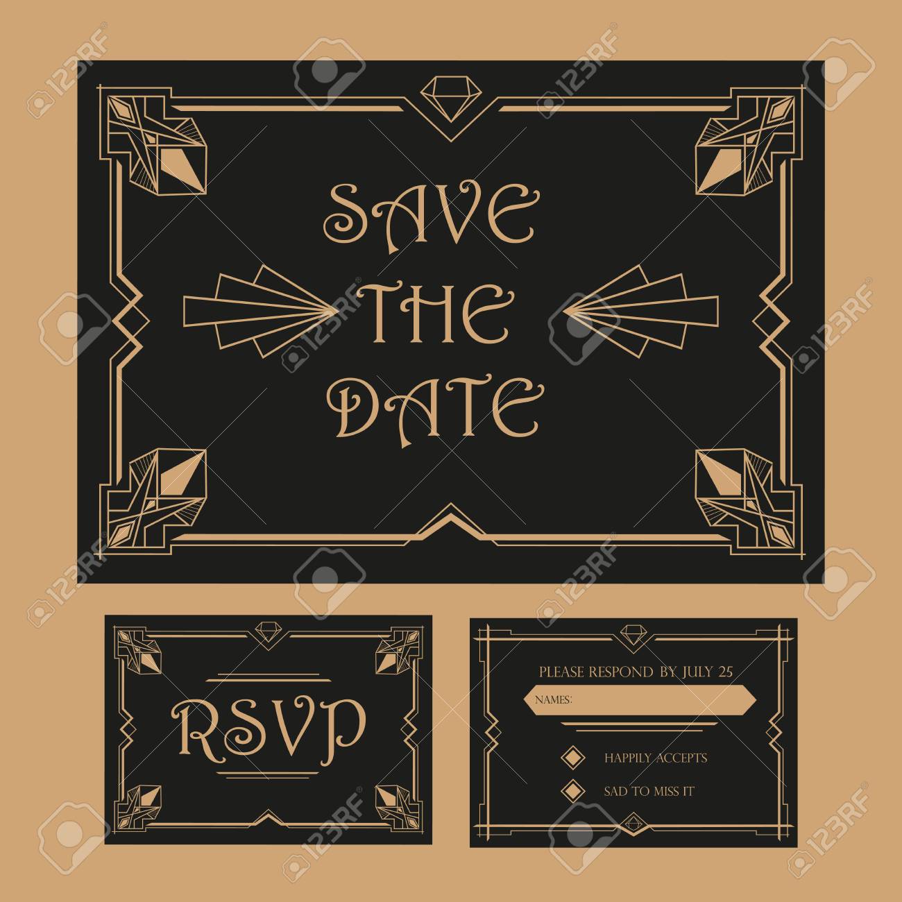 save the date wedding invitation card rsvp art deco vintage