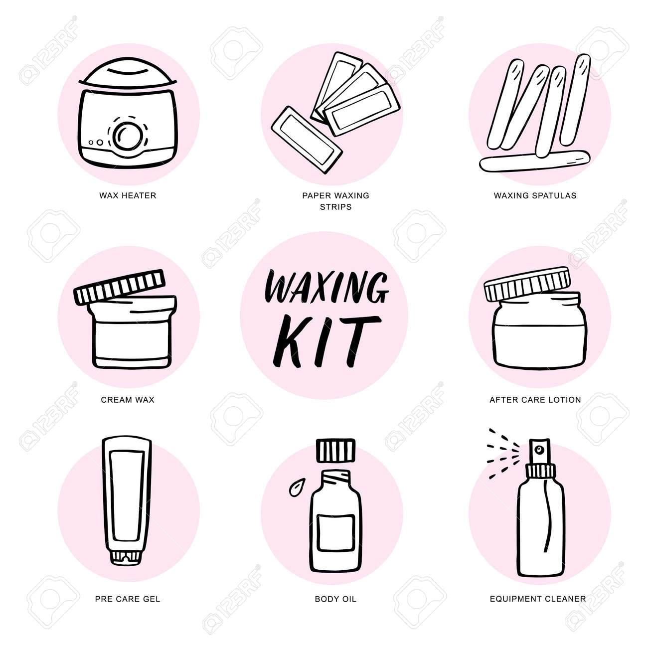Handdrawn Hair Removal Icons Set Wax Heater And Accessories