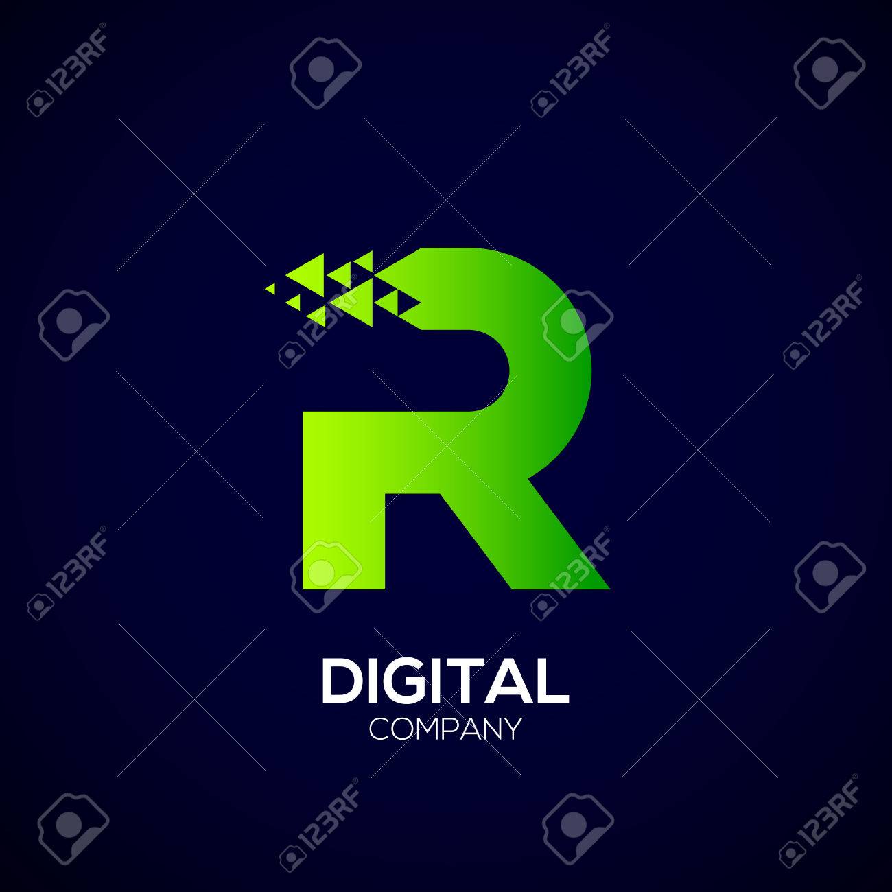 letter r pixel logo triangle arrow and forward logo green pixel letter r