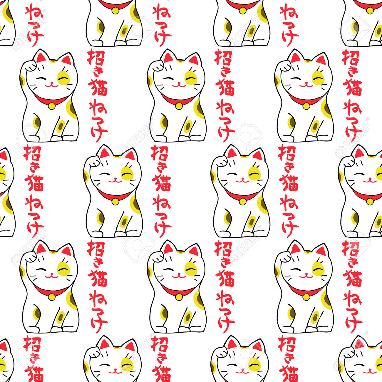 招き猫 日本の幸運の招き猫と日本語の単語招き猫のシームレスなパターン 手描きオリジナルの背景 落書きを描画します のイラスト素材 ベクタ Image