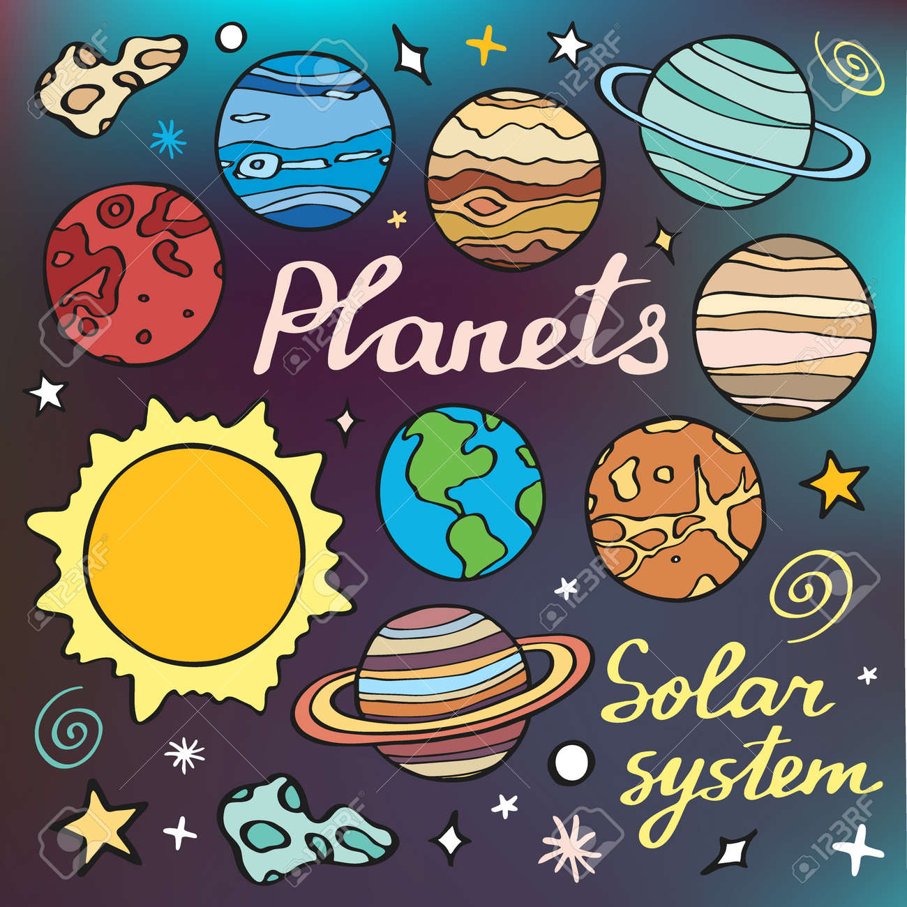 Planètes Fixés Collection De Bande Dessinée Dessinée à La Main Des Planètes Du Système Solaire Dessin Doodle Vector Illustration
