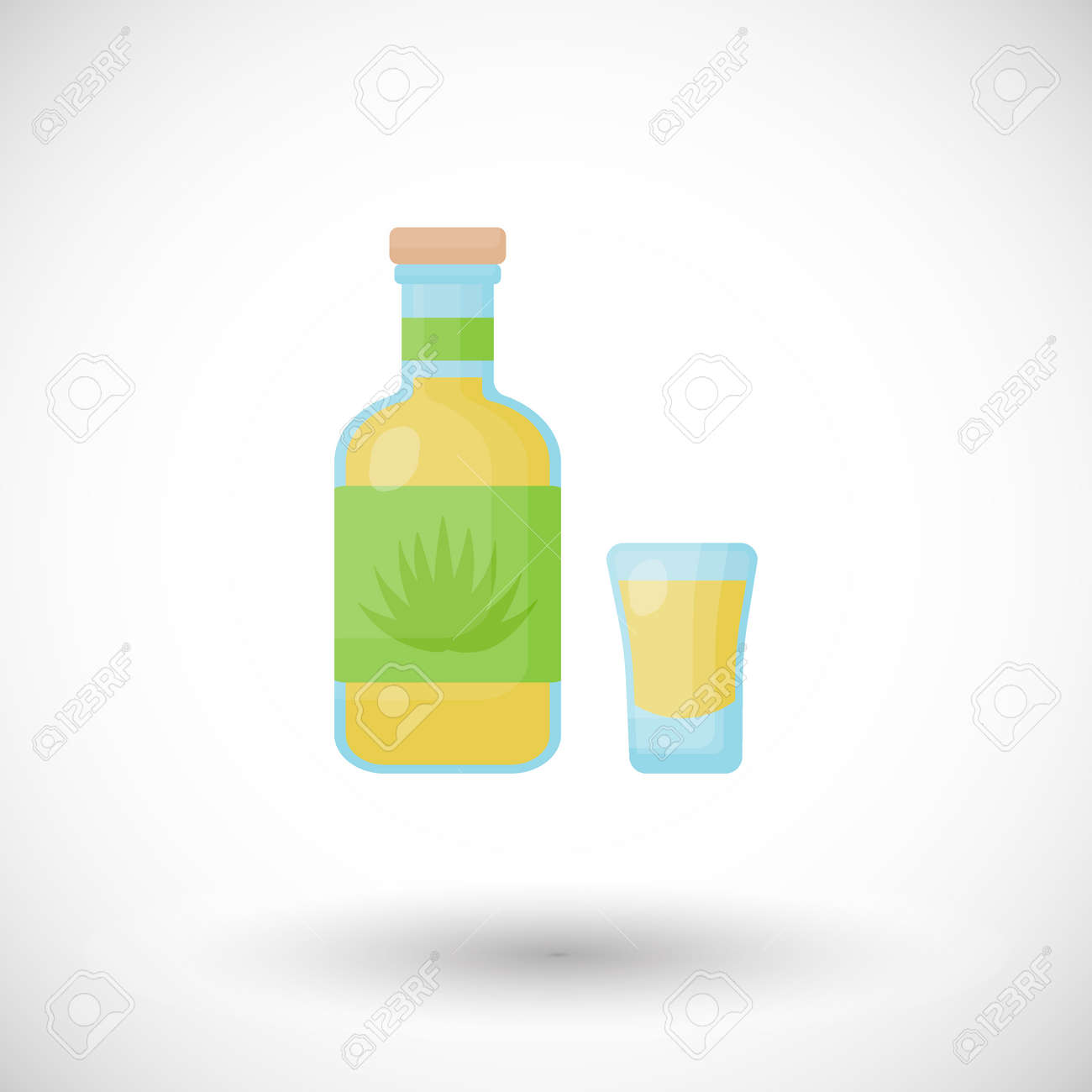 テキーラボトルとショットフラットベクトルアイコン メキシコ飲料のフラットデザイン 青いアガベ製品または丸い影を持つバーオブジェクト 反射付きのかわいい ベクトルイラスト のイラスト素材 ベクタ Image