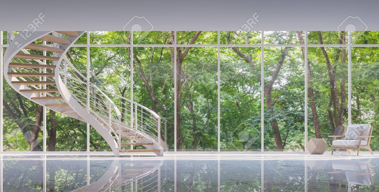 Spiral stair in the glass house 3D rendering image.Surrounded by nature. Large windows Looking to experience nature up close. - 68386015 Spiral stair in the glass house 3D rendering image.Surrounded by nature. Large windows Looking to experience nature up close. - 68386015