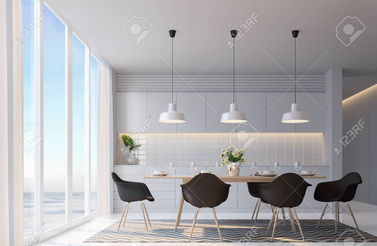 Comedor Blanco Moderno Con Imagen De Representacion 3d De Vista Mar Decorar Pared Con Luz Calida Oculta Muebles Negro Hay Grandes Ventanas Mirando A La Hermosa Vista Al Mar Fotos Retratos Imagenes