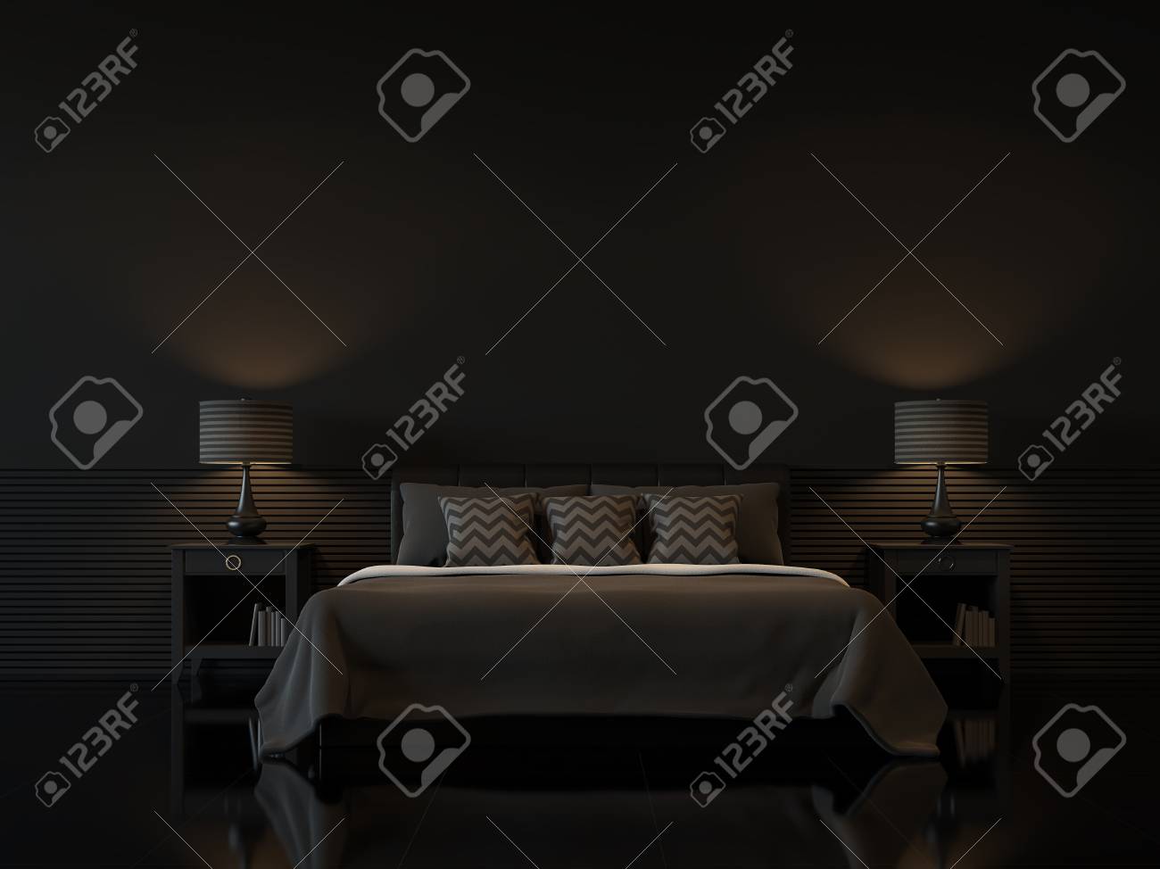 Modern bedroom interior with empty black wall 3d rendering image.There are minimalist style decorate room with black furniture,floor,wall - 73581215 Modern bedroom interior with empty black wall 3d rendering image.There are minimalist style decorate room with black furniture,floor,wall - 73581215