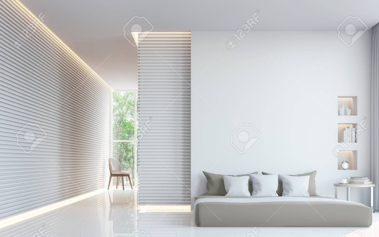 Modern white bedroom interior 3d rendering image.A blank wall with pure white. Decorate wall with extrude horizon line pattern and hidden warm light - 75044817 Modern white bedroom interior 3d rendering image.A blank wall with pure white. Decorate wall with extrude horizon line pattern and hidden warm light - 75044817