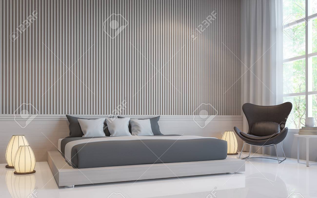 モダンな白い寝室インテリアの 3 D レンダリング Image There は 垂直パターンと白い床 ラスと空白の白い壁 暗いグレー ベッドと暖かい光の 床ランプの部屋を飾る の写真素材 画像素材 Image