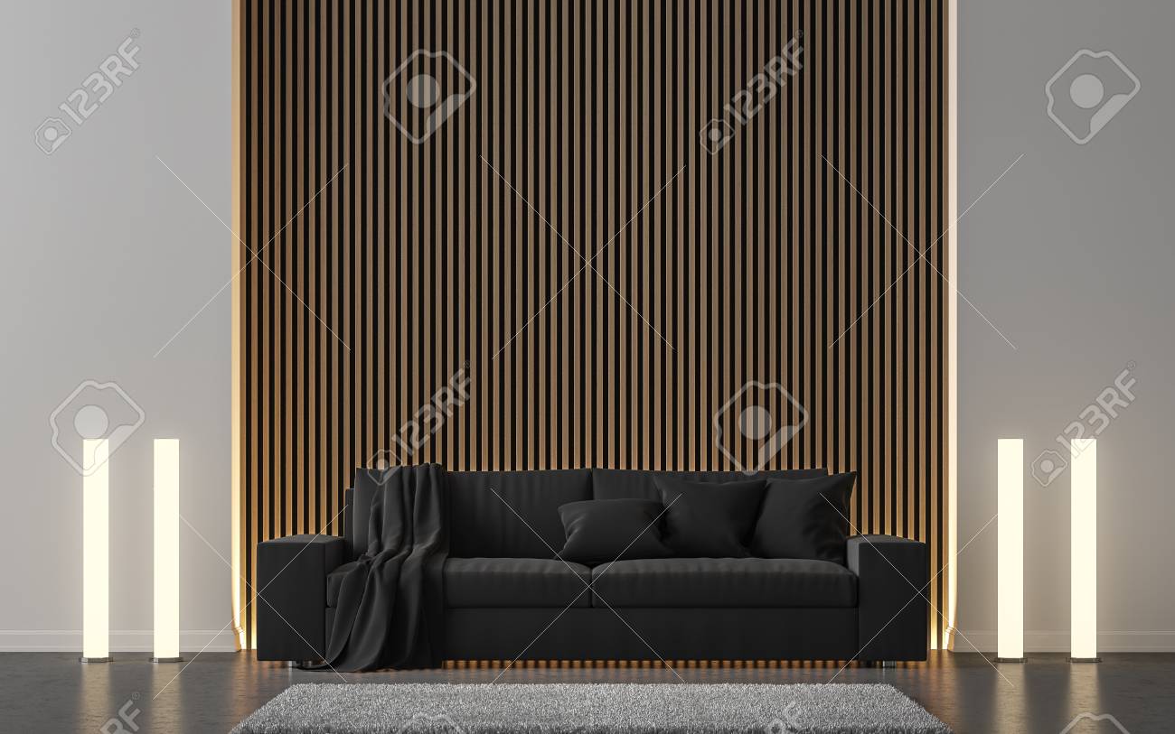 Modernes Wohnzimmer Verzieren Wand Mit Holzernem Wiedergabebild Des Gitters 3d Es Gibt Schwarzes Sofa Konkreten Boden Schalten Lampe Und Wandfarbe Ein Lizenzfreie Fotos Bilder Und Stock Fotografie Image 77146339
