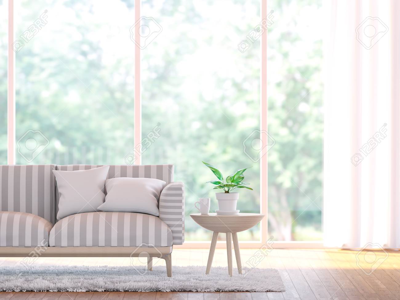 Modern living room close up 3d rendering image.There wooden floor and large window overlooking to nature and forest - 77168370 Modern living room close up 3d rendering image.There wooden floor and large window overlooking to nature and forest - 77168370