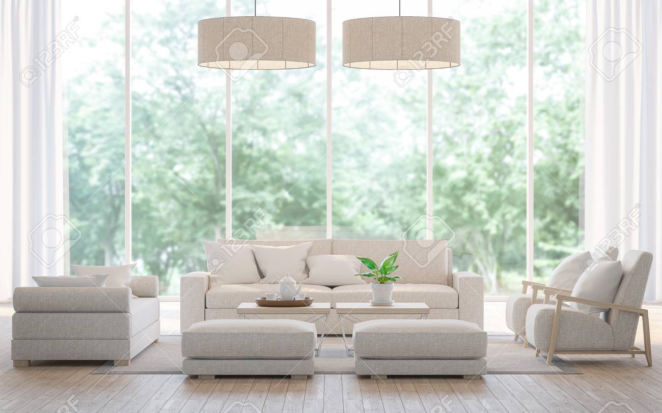 Modern white living room in the forest 3d rendering image.There is a large sofa set, wooden floors and large glass windows. Can look out to see the beautiful nature. - 78132469 Modern white living room in the forest 3d rendering image.There is a large sofa set, wooden floors and large glass windows. Can look out to see the beautiful nature. - 78132469
