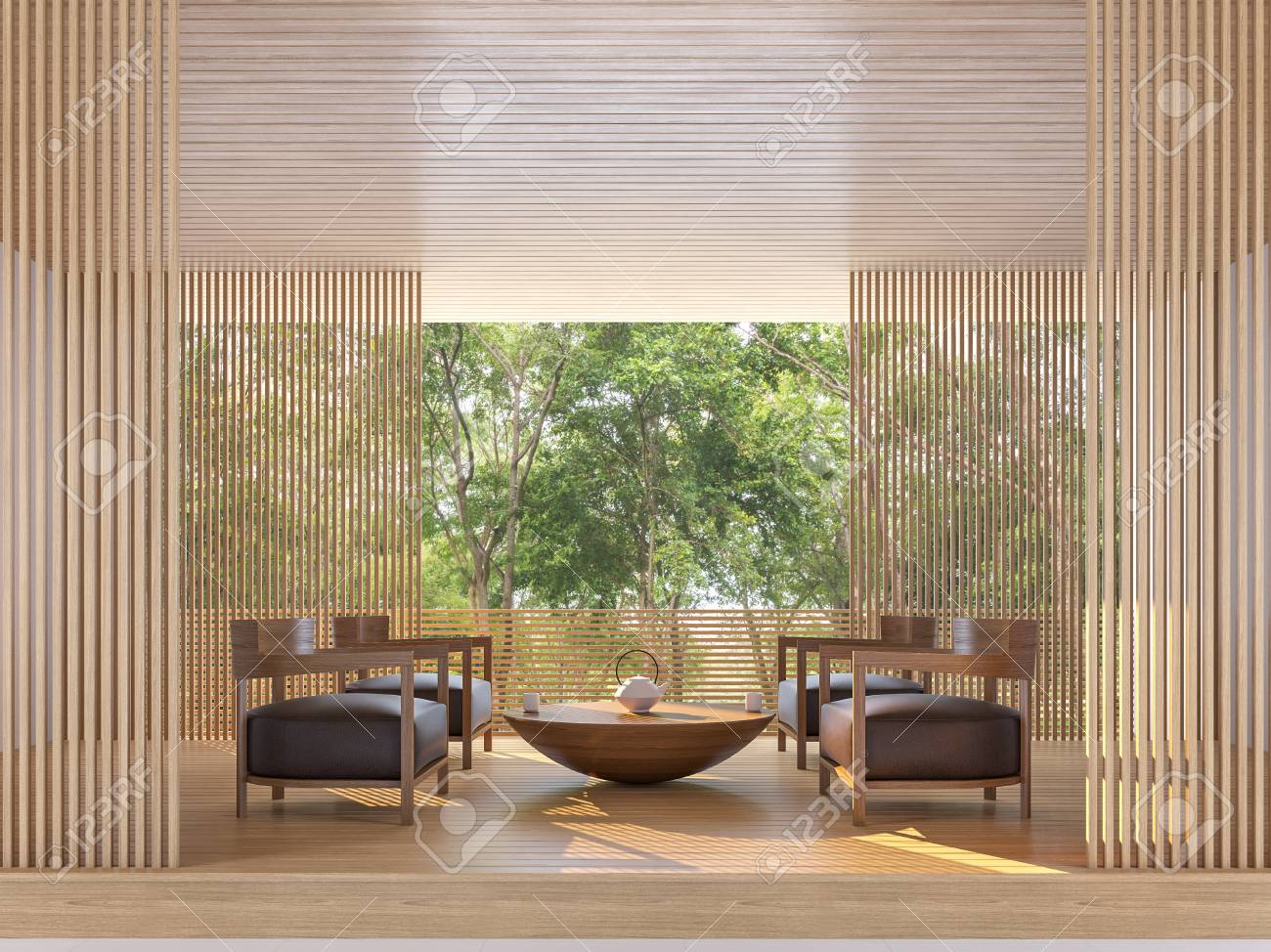 Moderne Zeitgenossische Wohnzimmer Mit Blick Auf Die Natur 3d Rendering Bild Es Gibt Holzboden Und Decke Wand Mit Holzgitter Verzieren Umgeben Von Natur Lizenzfreie Fotos Bilder Und Stock Fotografie Image 80615352