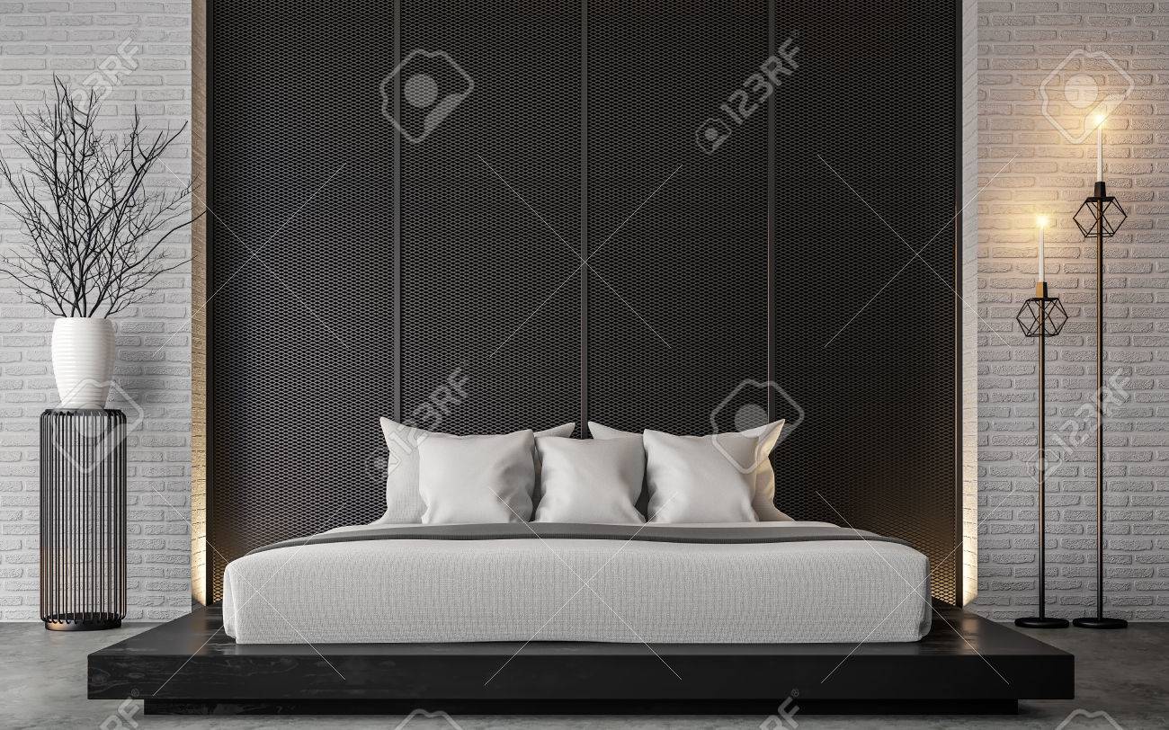 Modern loft bedroom 3d rendering image Furnished with Black wood furniture has concrete floor and white brick walls - 80615349 Modern loft bedroom 3d rendering image Furnished with Black wood furniture has concrete floor and white brick walls - 80615349