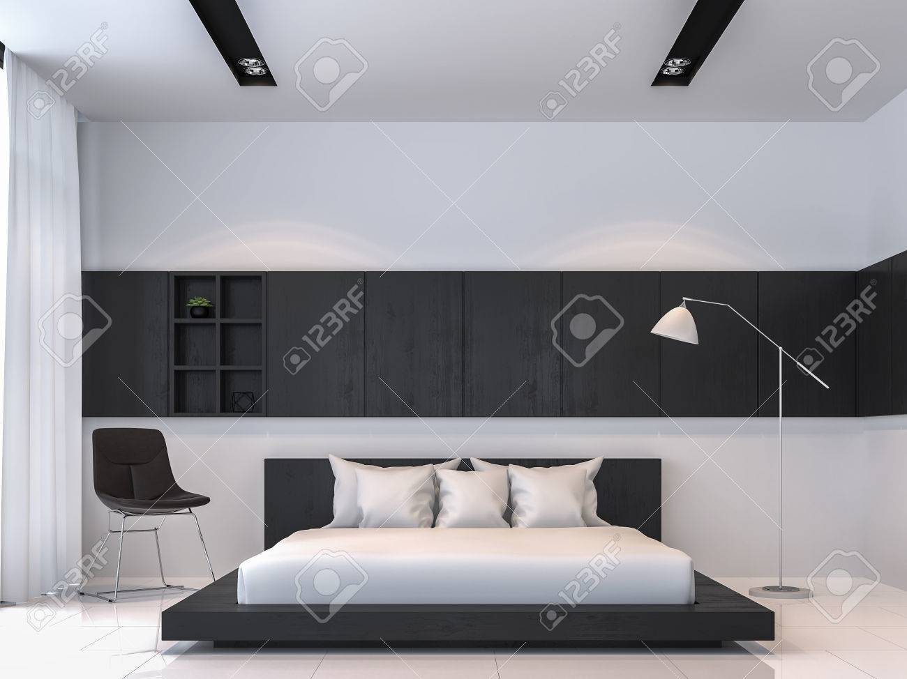 モダンな黒と白の寝室インテリア ミニマル スタイル 3 D レンダリング画像 白の床があります 黒の木製家具を の写真素材 画像素材 Image 9212