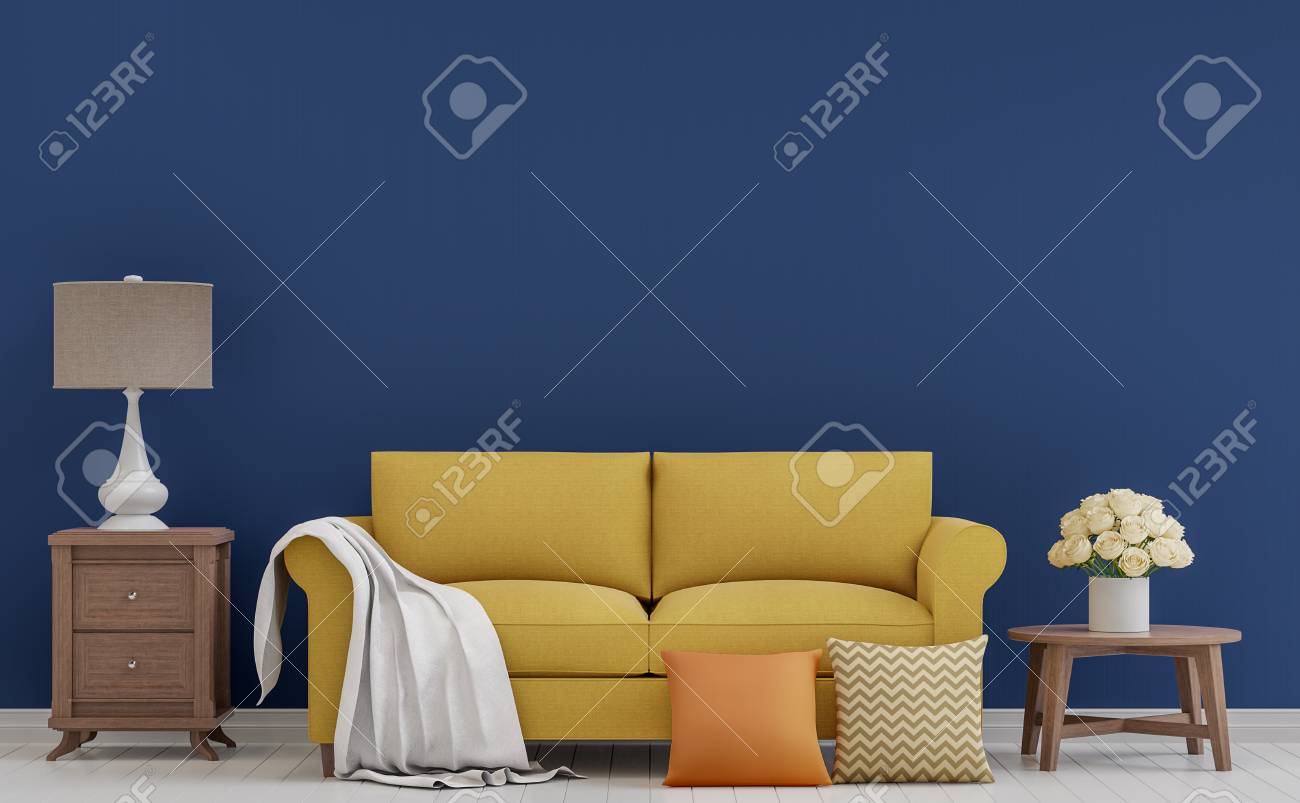 Colorful vintage living room 3d rendering image.The room has white wooden floor,dark blue wall furnished with yellow fabric sofa - 89454094 Colorful vintage living room 3d rendering image.The room has white wooden floor,dark blue wall furnished with yellow fabric sofa - 89454094