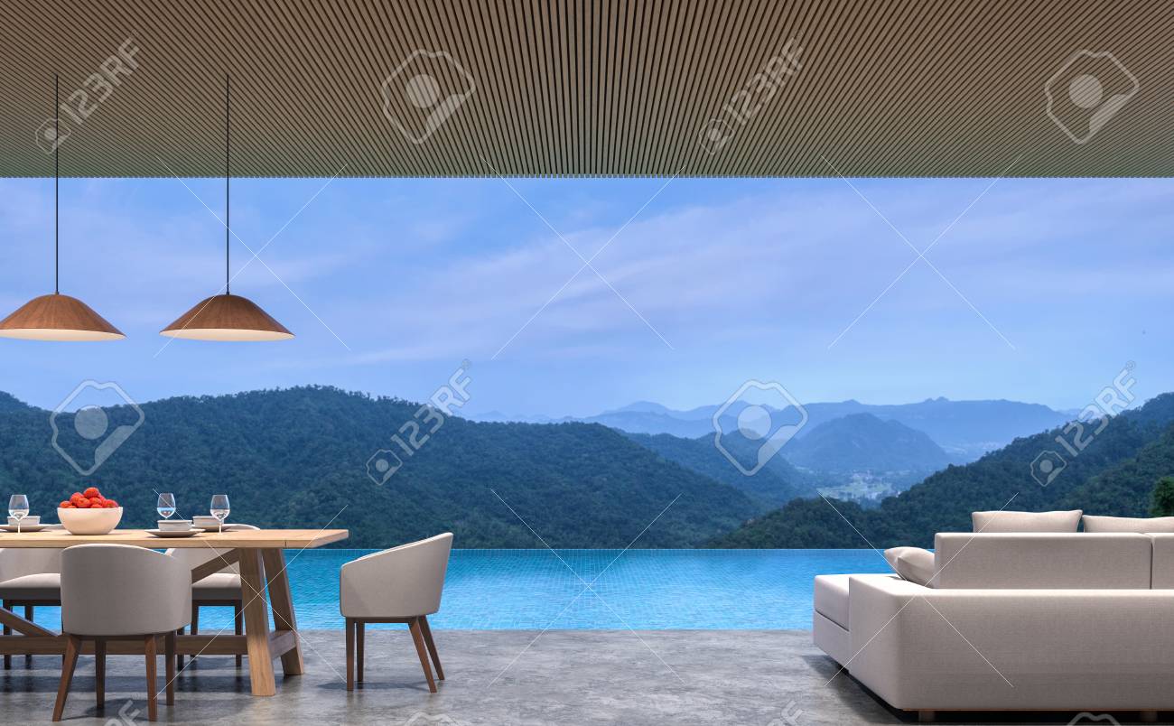 Loft style pool villa living and dining room with mountain view 3d rendering image.The room has polished concrete floor,wood lattice ceiling.Looking out to the mountains view. - 89952854 Loft style pool villa living and dining room with mountain view 3d rendering image.The room has polished concrete floor,wood lattice ceiling.Looking out to the mountains view. - 89952854