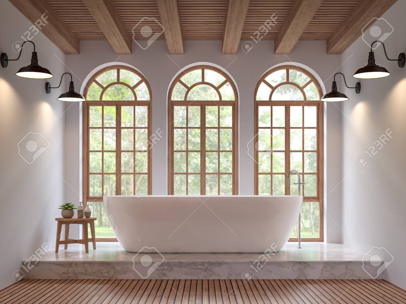 Scandinavian bathroom 3d rendering image.The Rooms have wooden and white marble floors,wooden ceilings and white walls .There are arch shape window overlooking to the nature. - 91682425 Scandinavian bathroom 3d rendering image.The Rooms have wooden and white marble floors,wooden ceilings and white walls .There are arch shape window overlooking to the nature. - 91682425