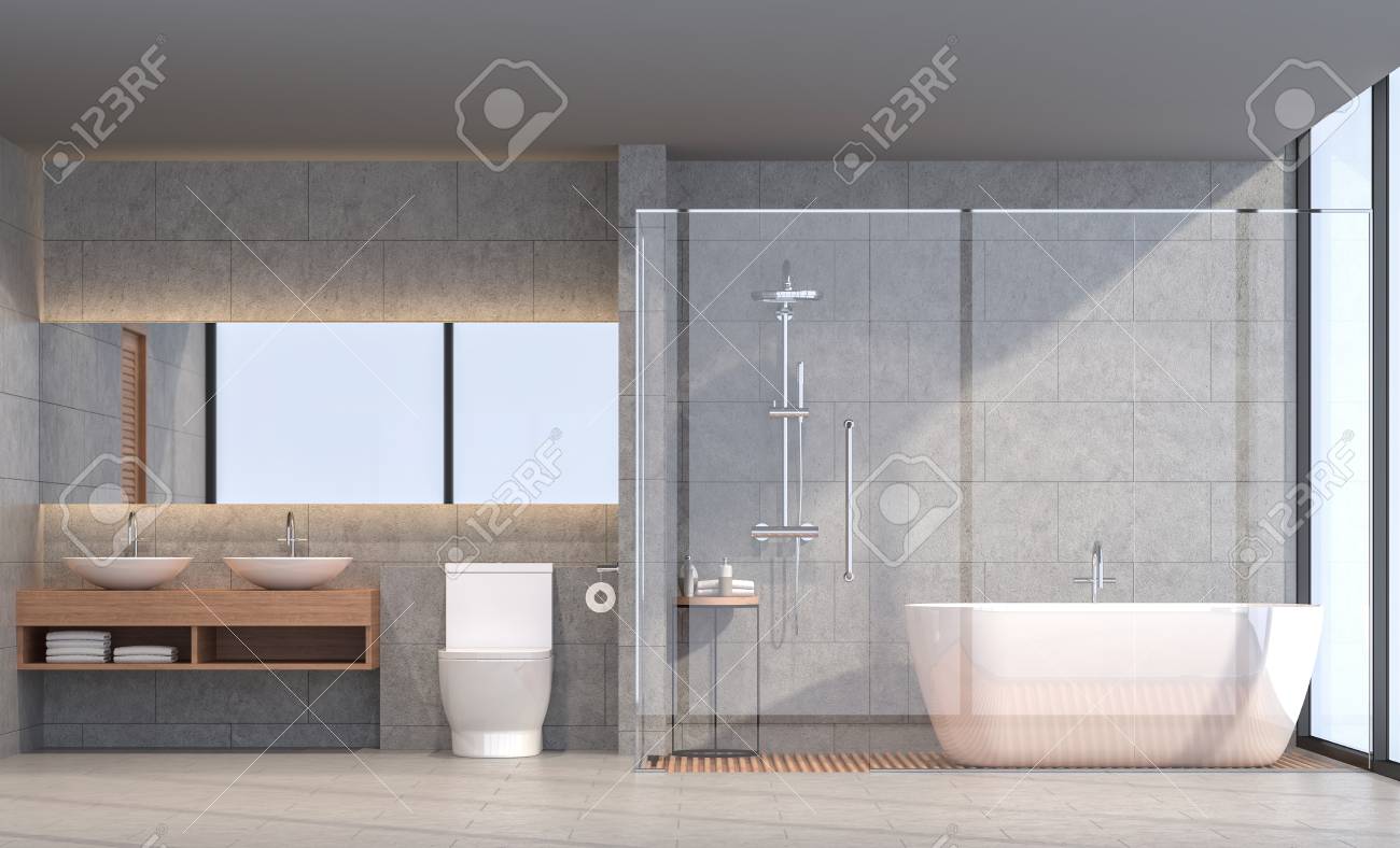 Modern loft bathroom 3d rendering image. There are concrete tile wall and floor.The room has large windows. Looking out to see the scenery outside. - 92920010 Modern loft bathroom 3d rendering image. There are concrete tile wall and floor.The room has large windows. Looking out to see the scenery outside. - 92920010