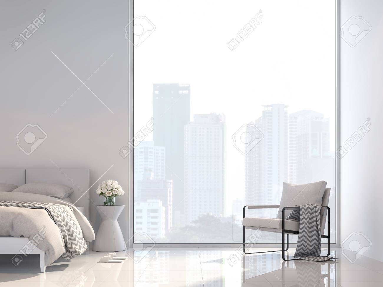 Minimal white bedroom with city view 3d render, Decorate with white fabric furniture ,The room has large windows,Sunlight shines into the room. - 109610421 Minimal white bedroom with city view 3d render, Decorate with white fabric furniture ,The room has large windows,Sunlight shines into the room. - 109610421