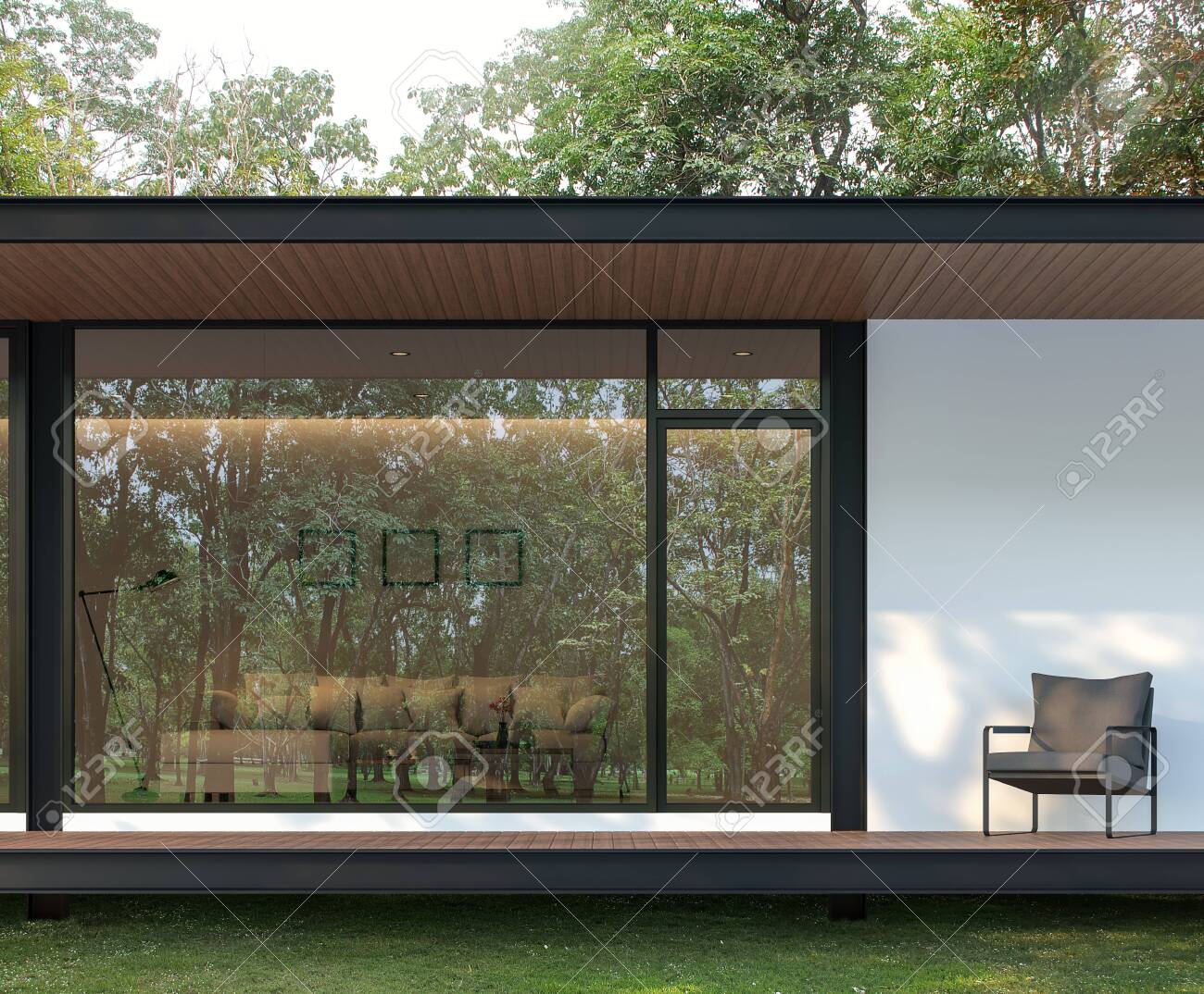 Exterior of modern house terrace in the garden 3d render, There are wooden floor and ceiling, There is a large glass window with a reflection of the surrounding nature. - 120982637 Exterior of modern house terrace in the garden 3d render, There are wooden floor and ceiling, There is a large glass window with a reflection of the surrounding nature. - 120982637