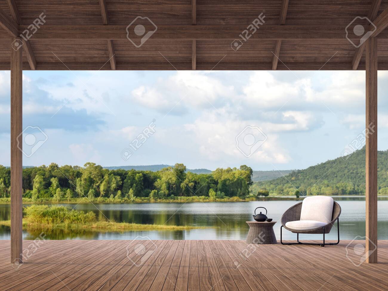 wood terrace with beautiful lake and mountain view 3d renderthere are old  wood terrace floordecorate with rattan lounge chairsurroundednature