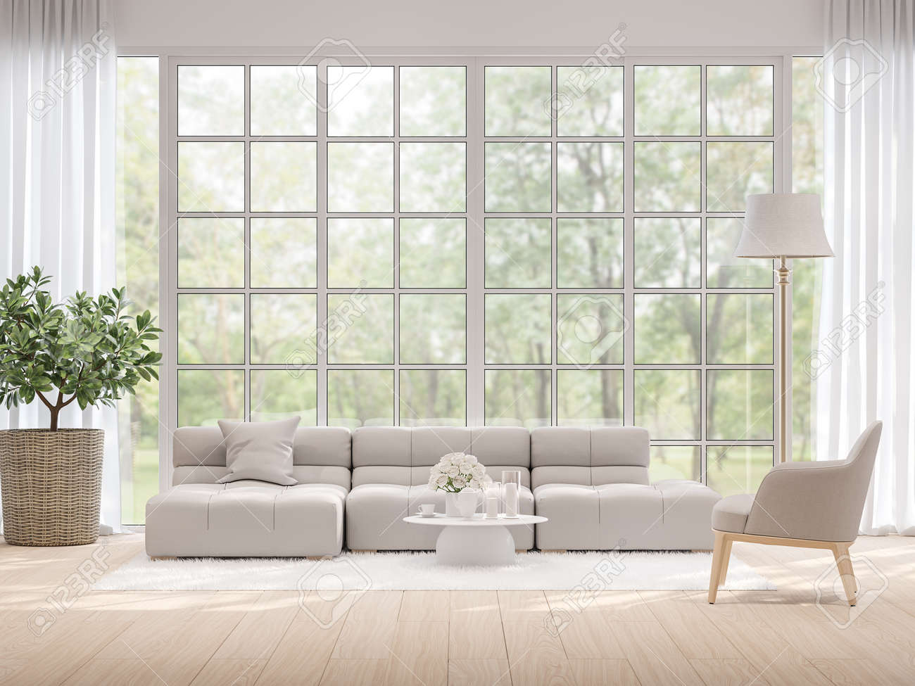 Moderm living room with blurry nature view background 3d render,There light wooden floor and large window overlooking to garden view. - 146964201 Moderm living room with blurry nature view background 3d render,There light wooden floor and large window overlooking to garden view. - 146964201