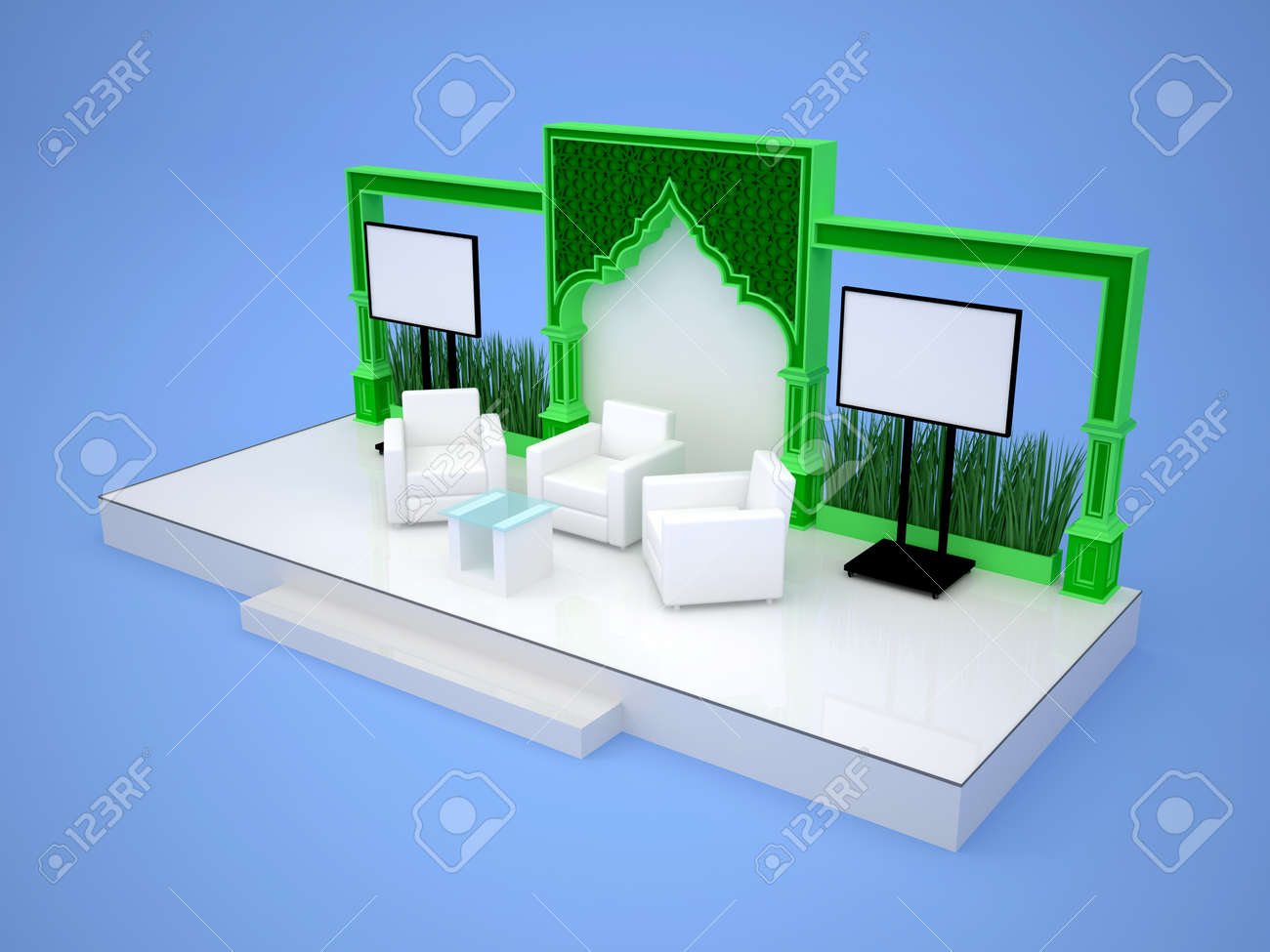 Download 3d Illustration Stage Backdrop Talkshow Islamic Style With Standing Tv And Plants Stock Photo Picture And Royalty Free Image Image 140866648