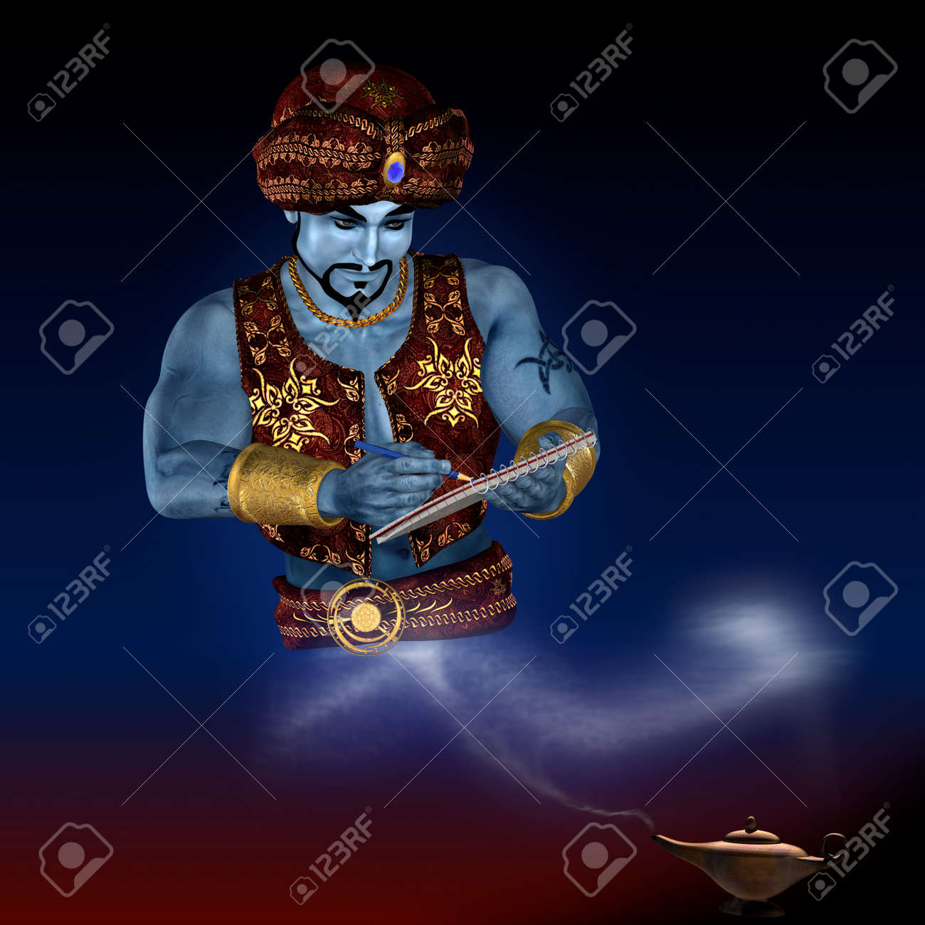 手書きパッドのランプから魔神 3 D のレンダリング イラスト の写真素材 画像素材 Image