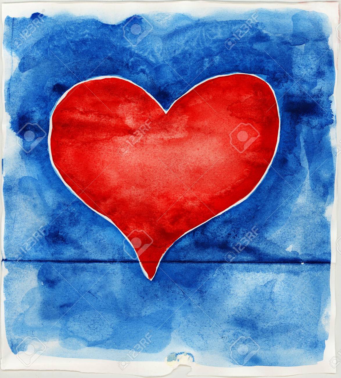 Grosses Rotes Herz Auf Blauem Hintergrund Aquarell Illustration Lizenzfreie Fotos Bilder Und Stock Fotografie Image 26966619