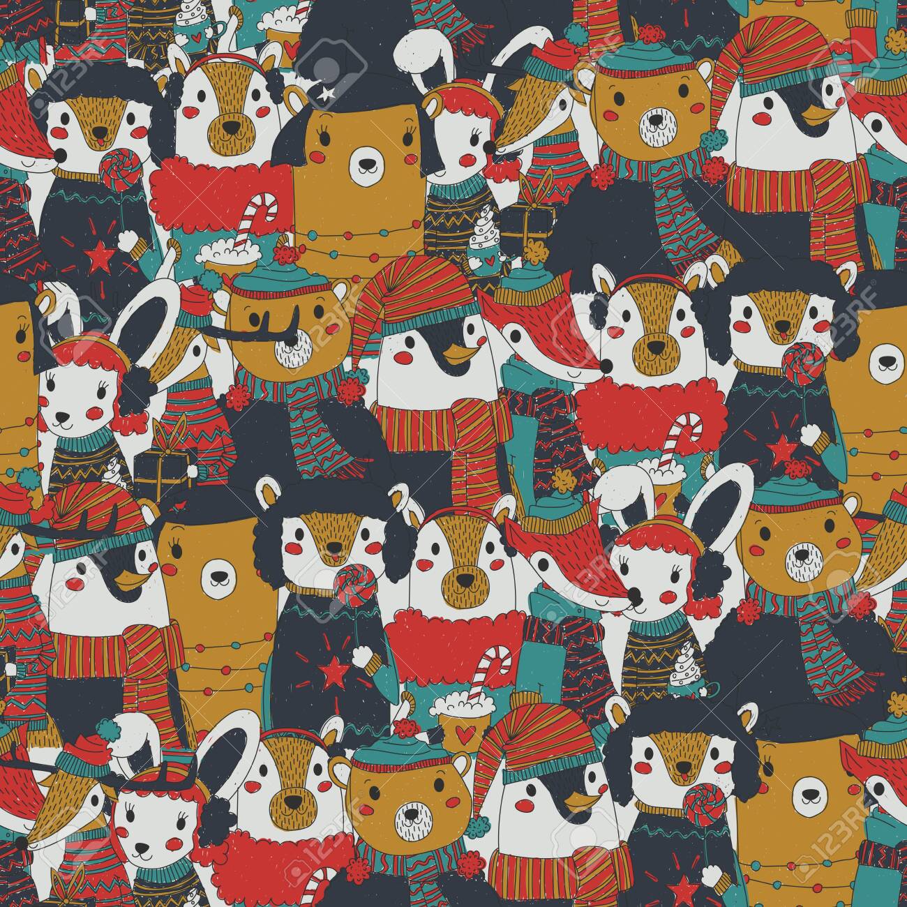 Vintage Christmas Seamless Pattern With Festive Animals Wearing Stock Photo Picture And Royalty Free Image Image 134717750