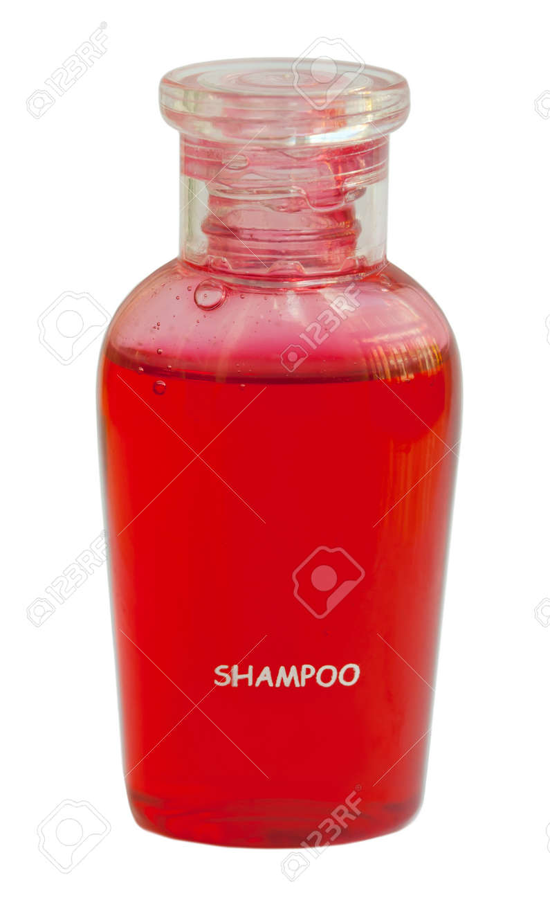 白い背景で隔離のシャンプーの小さな赤いボトル の写真素材 画像素材 Image