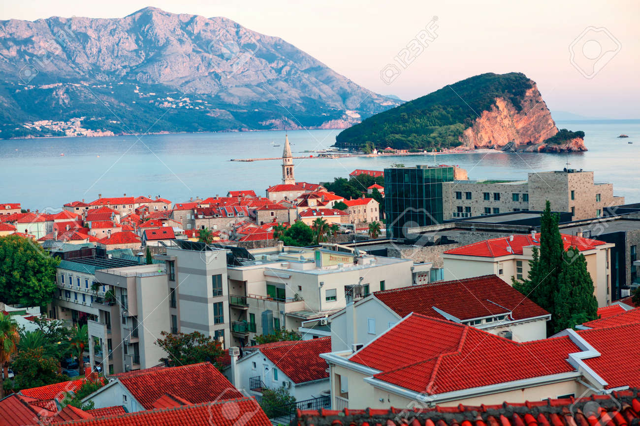 View of Budva Coastal town in Montenegro and Sveti Nikola island in Adriatic Sea - 169399181 View of Budva Coastal town in Montenegro and Sveti Nikola island in Adriatic Sea - 169399181