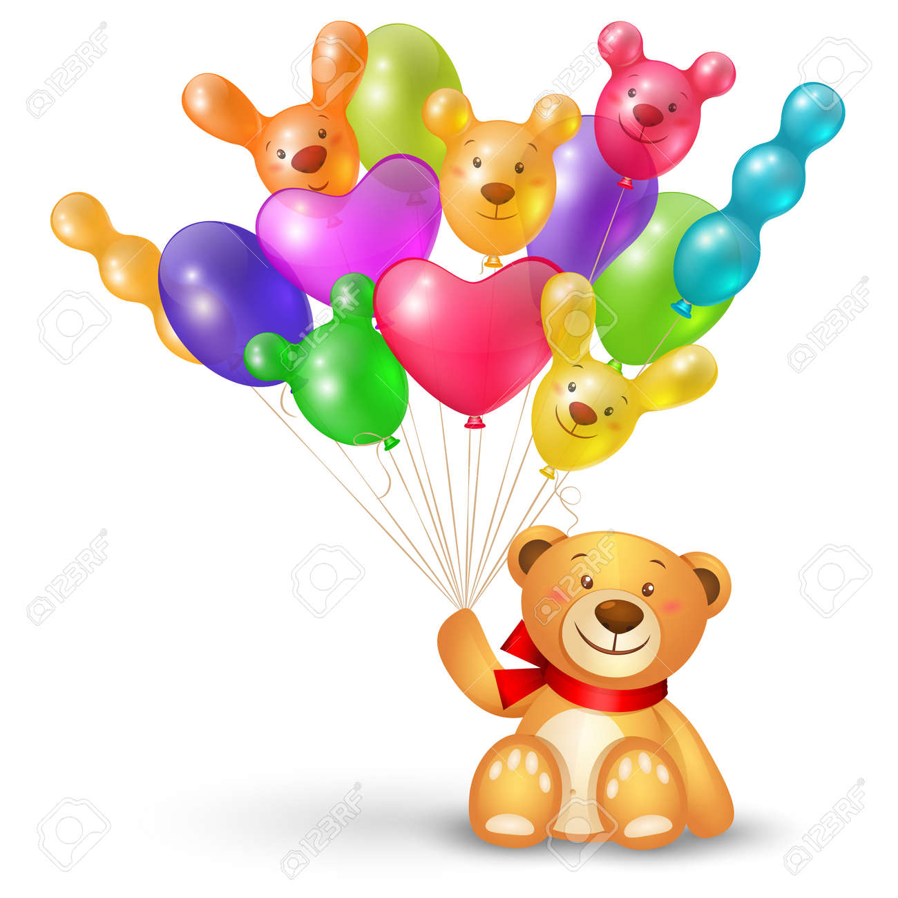 Ours De Nounours Mignon Avec Un Bouquet De Ballons En Forme Inhabituelle Icone De Fete Ou Un Modele De Carte De Voeux Clip Art Libres De Droits Vecteurs Et Illustration Image