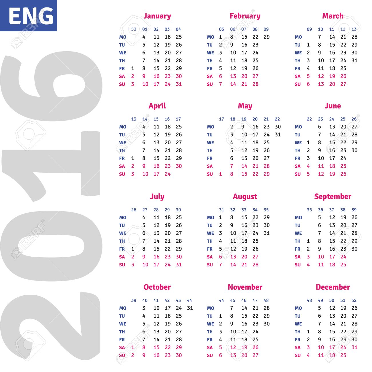 english calendar 2016 vertical calendar grid vector royalty free
