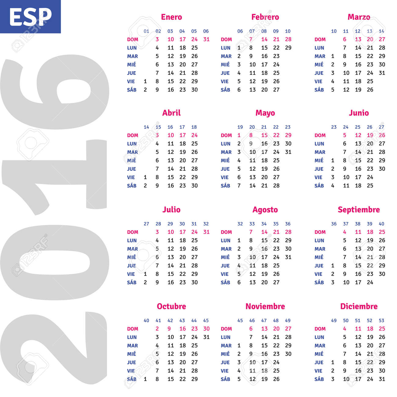 spanish calendar 2016 vertical calendar grid vector royalty free