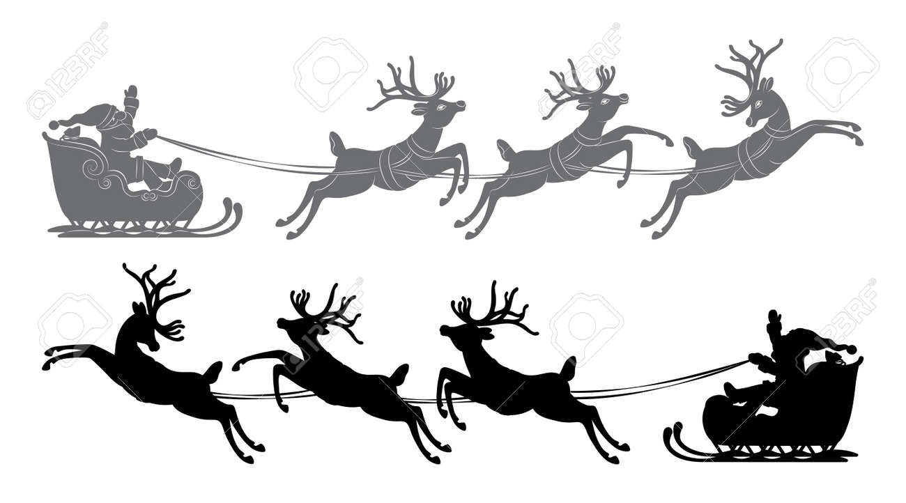 Black Vector Silhouette Flying Santa Claus In A Reindeer Sleigh