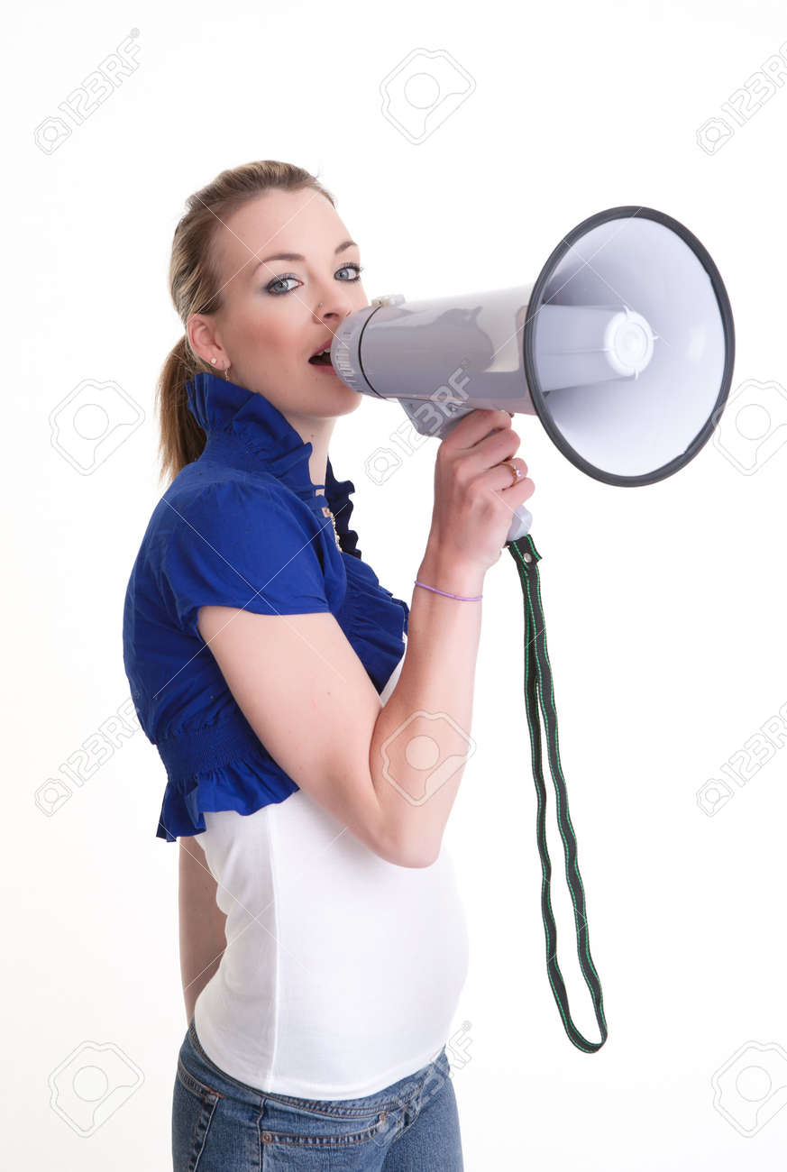 メガホンまたは白で隔離される拡声器を持つ若い女 の写真素材 画像素材 Image 764