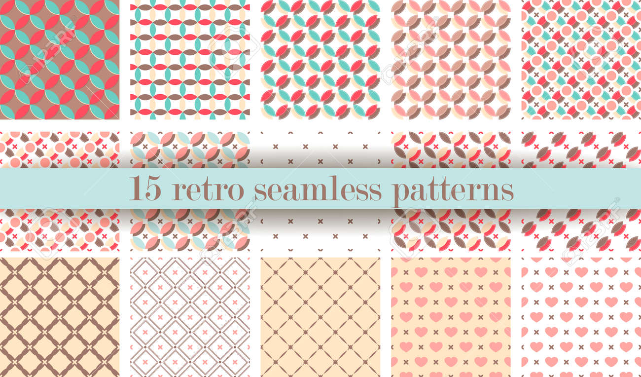 かわいいレトロなシームレス パターンのセットです レトロなピンク 白 青の色 壁紙 Web ページの背景 布 紙のテクスチャです 非常に抽象的な装飾のセットです 心 線 図形のイラスト素材 ベクタ Image