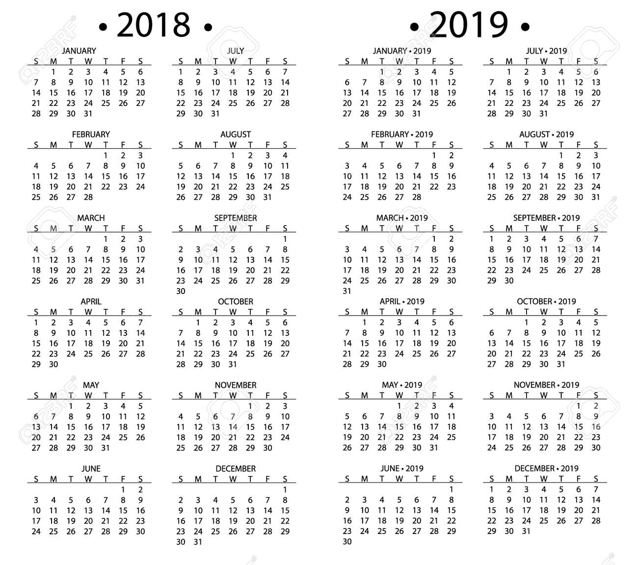 simple calendar for 2018 and 2019 years template date day design