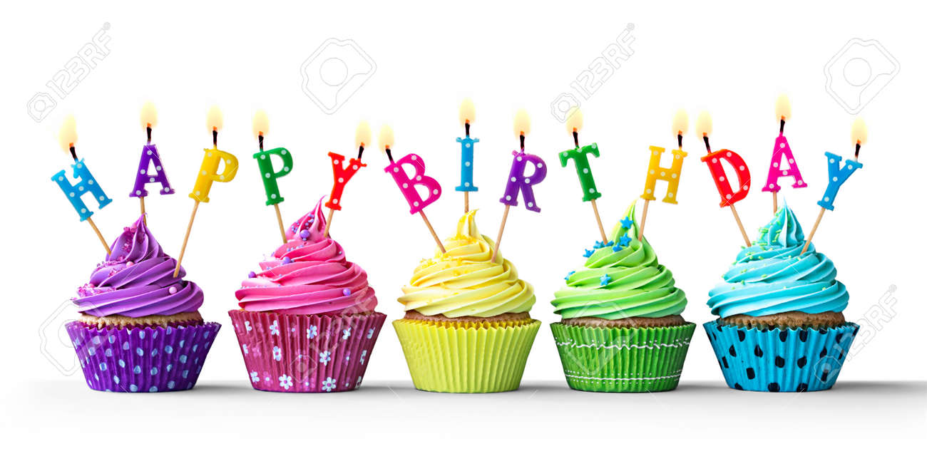 Row Of Colorful Birthday Cupcakes Isolated On A White Background Stock Photo, Picture And Royalty Free Image. Image 44294409.