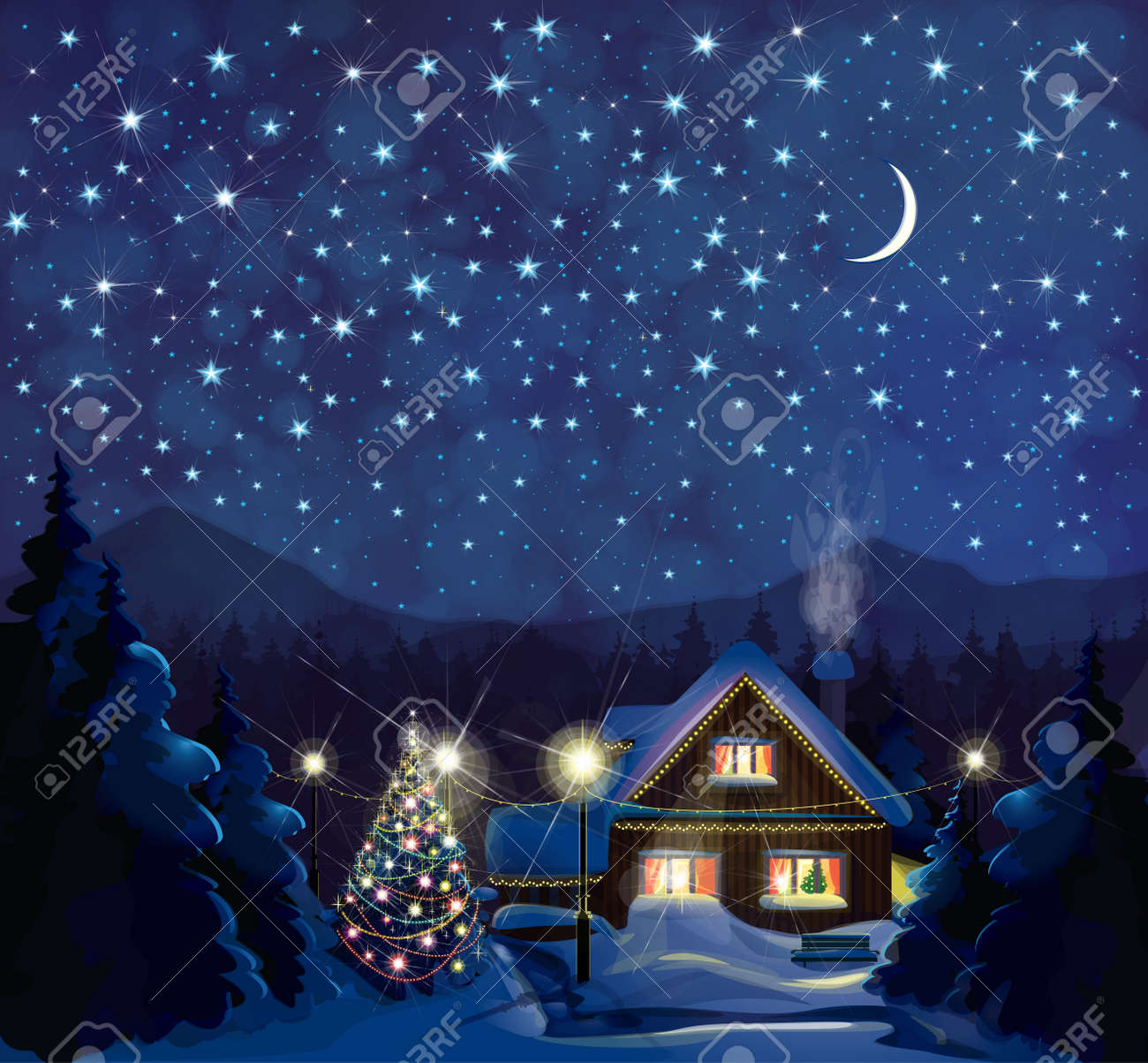 夜の冬の風景の家、クリスマス ツリー、星空背景。のイラスト