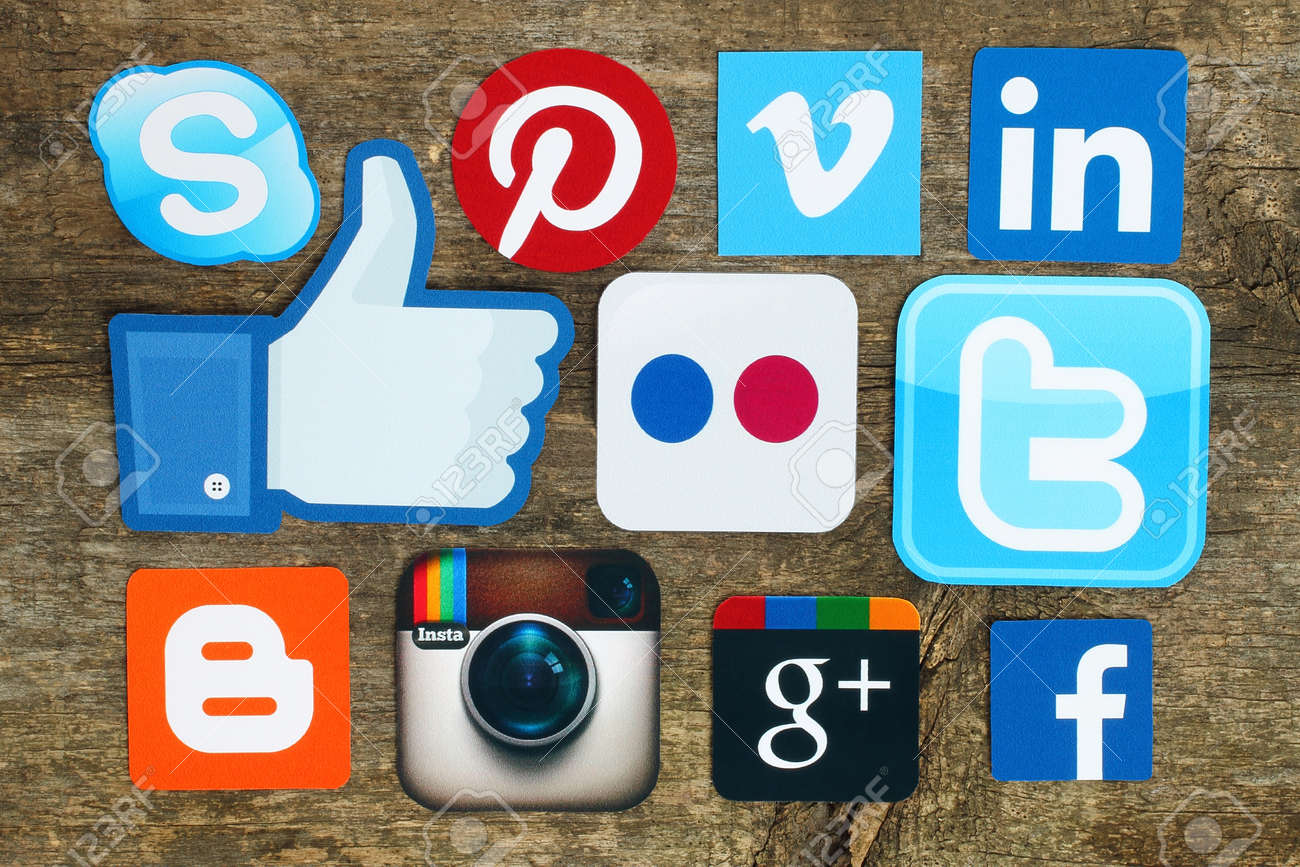 Kiev, Ukraine - April 15, 2015:Collection of popular social media logos printed on paper:Facebook, Twitter, Google Plus, Instagram, Skype, Pinterest and Blogger on old wooden background - 50730353 Kiev, Ukraine - April 15, 2015:Collection of popular social media logos printed on paper:Facebook, Twitter, Google Plus, Instagram, Skype, Pinterest and Blogger on old wooden background - 50730353