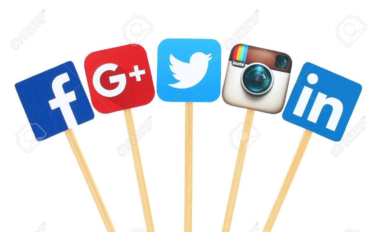 Kiev, Ukraine - February 10, 2016: Popular social media logo signs printed on paper, cut and pasted on wooden stick: Facebook, Twitter, Google Plus, Instagram and Linkedin - 52114525 Kiev, Ukraine - February 10, 2016: Popular social media logo signs printed on paper, cut and pasted on wooden stick: Facebook, Twitter, Google Plus, Instagram and Linkedin - 52114525