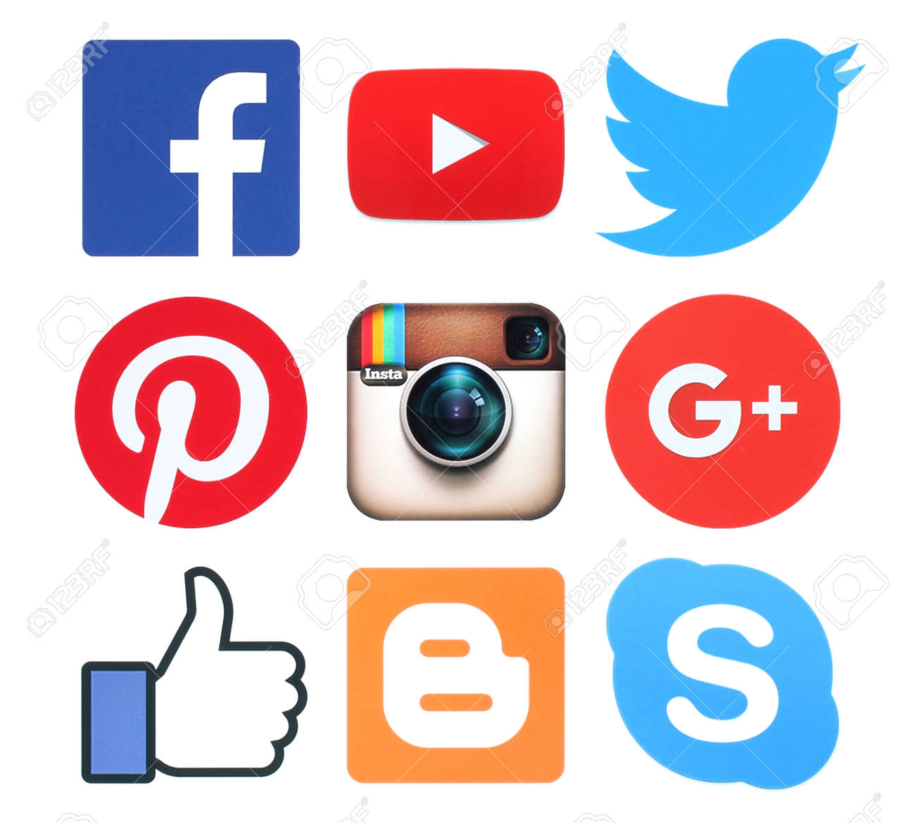 Kiev, Ukraine - February 8, 2016:Collection of popular social media logo signs printed on paper:Facebook, Twitter, Google Plus, Instagram, Pinterest, Skype, YouTube and Blogger - 52114532 Kiev, Ukraine - February 8, 2016:Collection of popular social media logo signs printed on paper:Facebook, Twitter, Google Plus, Instagram, Pinterest, Skype, YouTube and Blogger - 52114532