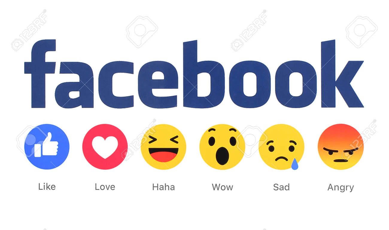 Kiev, Ukraine - March 2, 2016: New Facebook like button 6 Empathetic Emoji Reactions printed on white paper. Facebook is a well-known social networking service. - 53643262 Kiev, Ukraine - March 2, 2016: New Facebook like button 6 Empathetic Emoji Reactions printed on white paper. Facebook is a well-known social networking service. - 53643262