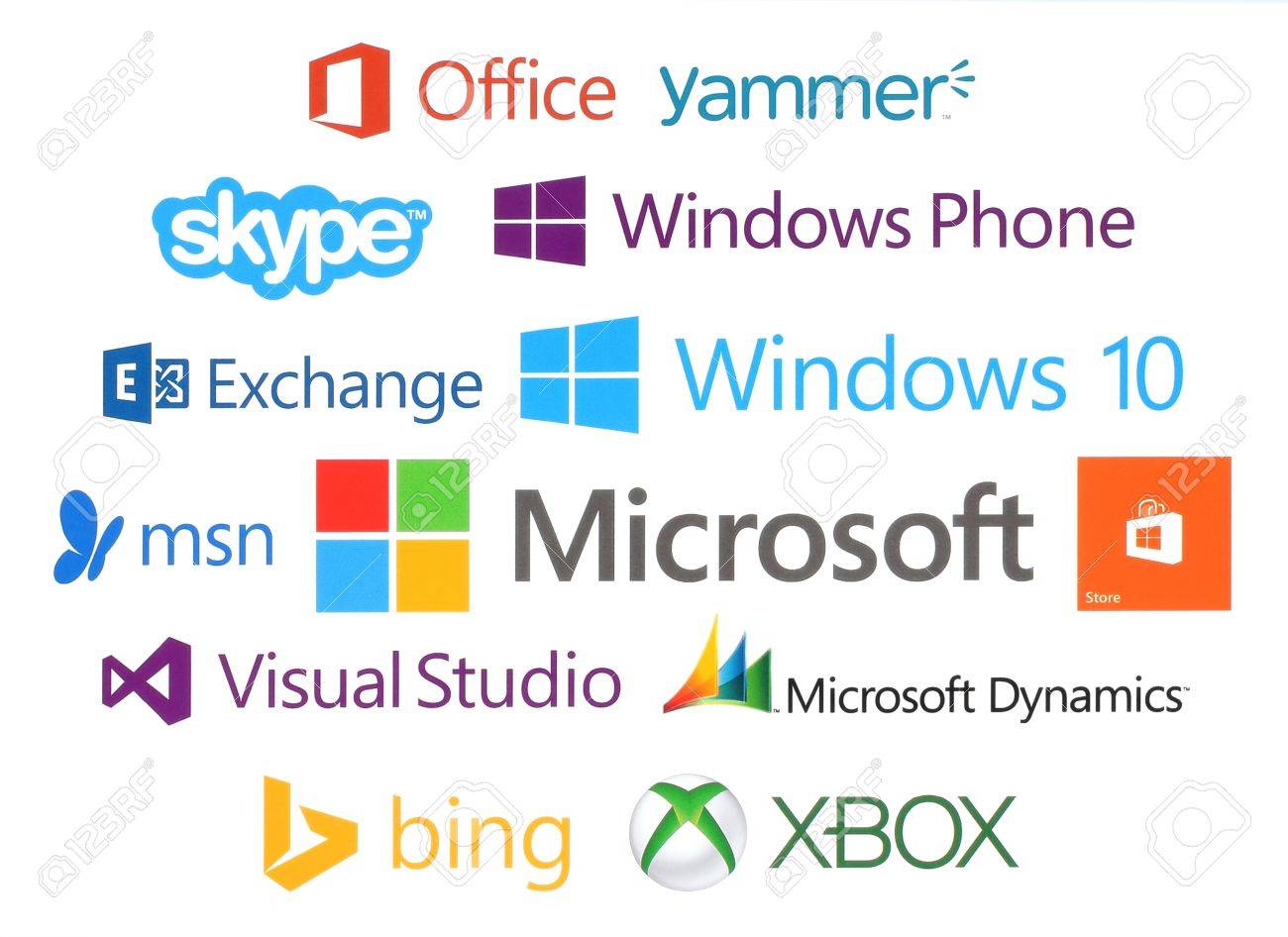Kiev, Ukraine - April 28, 2016: Collection of Microsoft products logos printed on paper: Skype, Bing, Exchange, Office, Microsoft Dynamics, MSN, Visual Studio, Windows 10, XBOX and yammer - 56984030 Kiev, Ukraine - April 28, 2016: Collection of Microsoft products logos printed on paper: Skype, Bing, Exchange, Office, Microsoft Dynamics, MSN, Visual Studio, Windows 10, XBOX and yammer - 56984030
