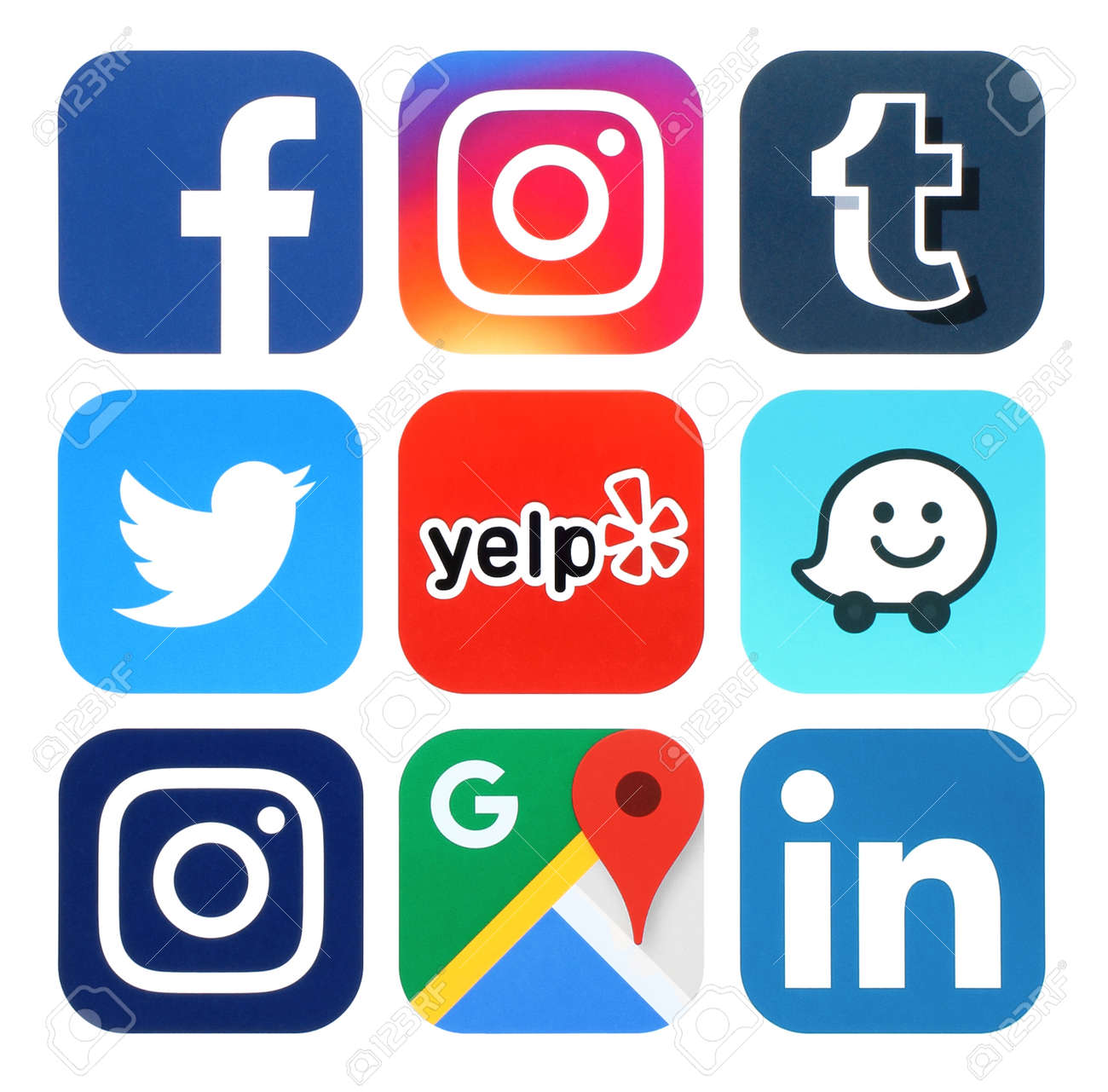 Kiev, Ukraine - July 25, 2016: Collection of popular social media, travel and navigation logos printed on paper:Facebook, Twitter, Instagram, Yelp, Google Maps, Waze, Tumblr and Linkedin - 62014195 Kiev, Ukraine - July 25, 2016: Collection of popular social media, travel and navigation logos printed on paper:Facebook, Twitter, Instagram, Yelp, Google Maps, Waze, Tumblr and Linkedin - 62014195