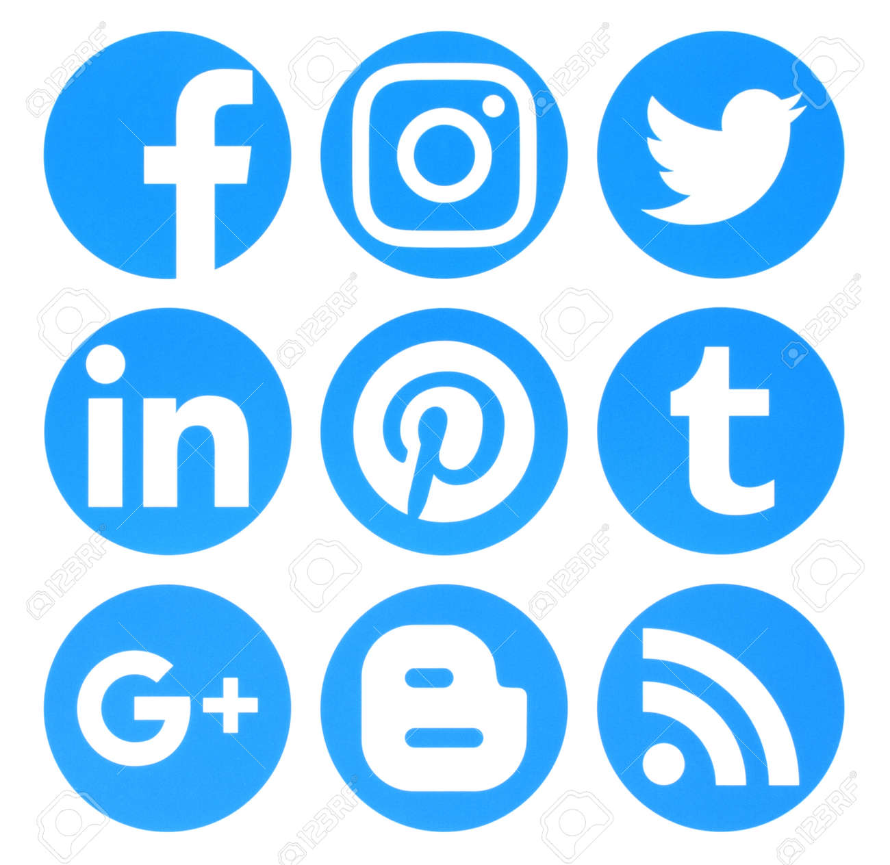 Kiev, Ukraine - August 22, 2016: Collection of popular circle blue social media logos printed on paper:Facebook, Twitter, Google Plus, Instagram, Pinterest, LinkedIn, Blogger, Tumblr and RSS - 62014208 Kiev, Ukraine - August 22, 2016: Collection of popular circle blue social media logos printed on paper:Facebook, Twitter, Google Plus, Instagram, Pinterest, LinkedIn, Blogger, Tumblr and RSS - 62014208