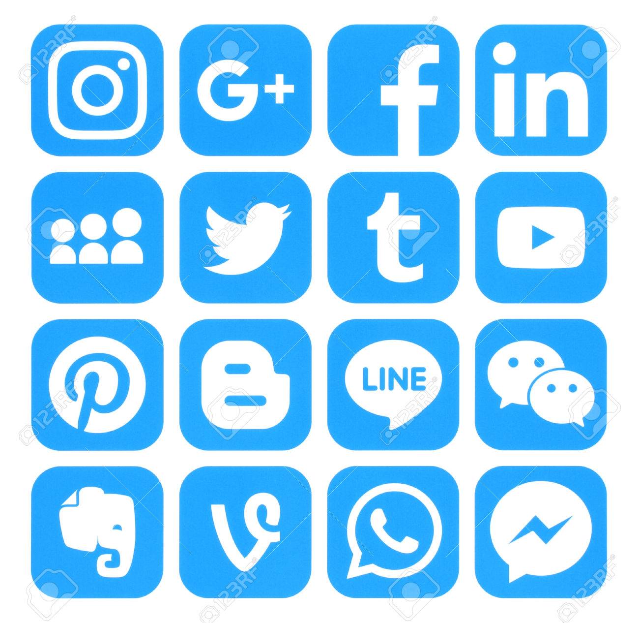 Kiev, Ukraine - September 06, 2016: Collection of popular blue social media icons printed on paper:Facebook, Twitter, Google Plus, Instagram, Pinterest, LinkedIn, Blogger, Tumblr and others - 63410573 Kiev, Ukraine - September 06, 2016: Collection of popular blue social media icons printed on paper:Facebook, Twitter, Google Plus, Instagram, Pinterest, LinkedIn, Blogger, Tumblr and others - 63410573