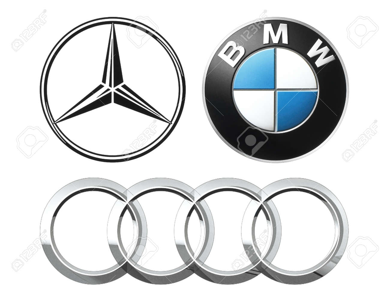 Kiev, Ukraine - September 12, 2016: Collection of popular German car logos printed on white paper: Mercedes, BMW and Audi - 63408128 Kiev, Ukraine - September 12, 2016: Collection of popular German car logos printed on white paper: Mercedes, BMW and Audi - 63408128
