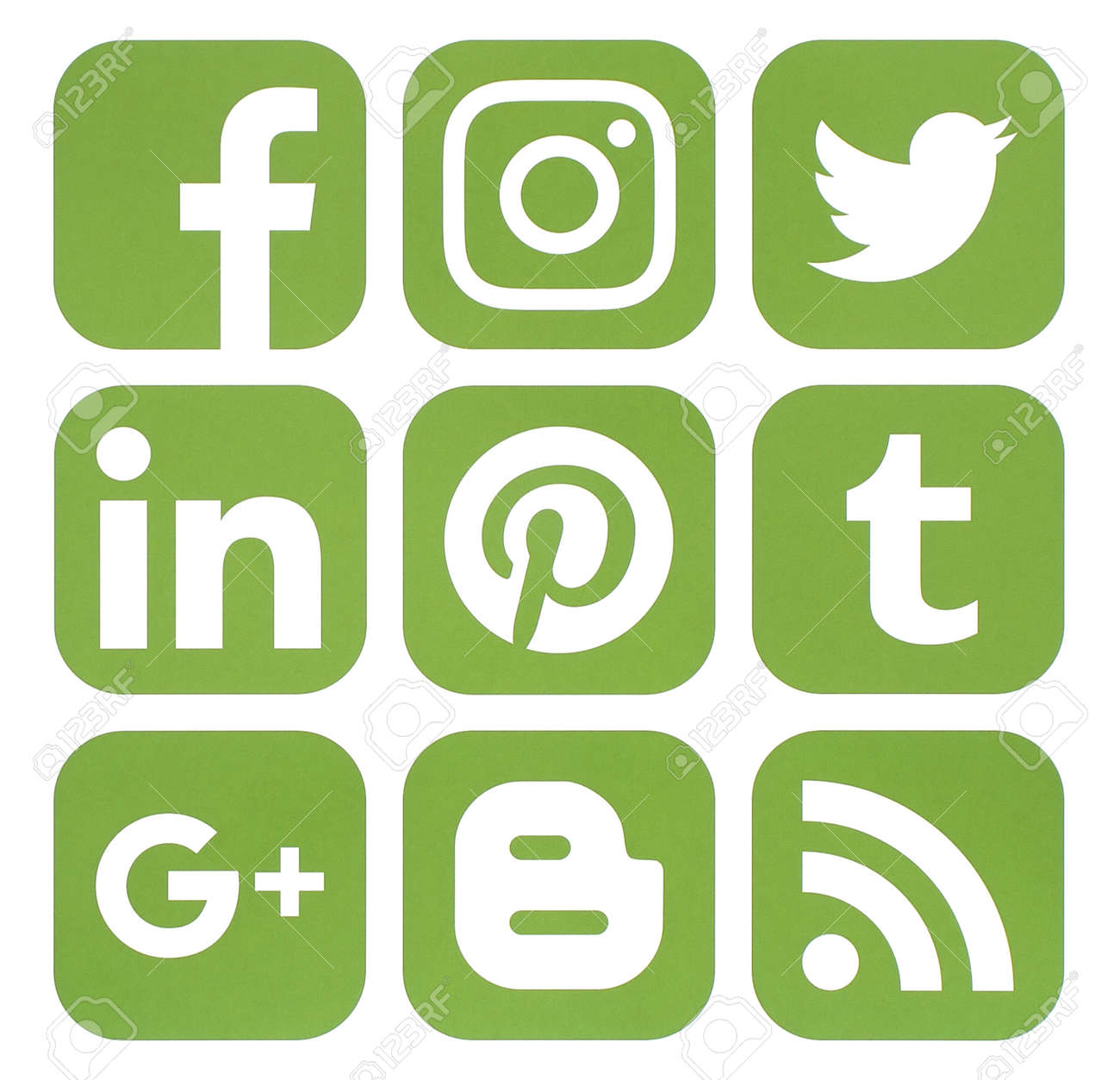 Kiev, Ukraine - January 24, 2017: Collection Of Popular Social Media Icons  In Greenery Color, Printed On Paper: Facebook, Twitter, Google Plus,  Instagram, Pinterest, LinkedIn, Blogger, Tumblr And RSS Stock Photo, Picture, image size:1300x1253